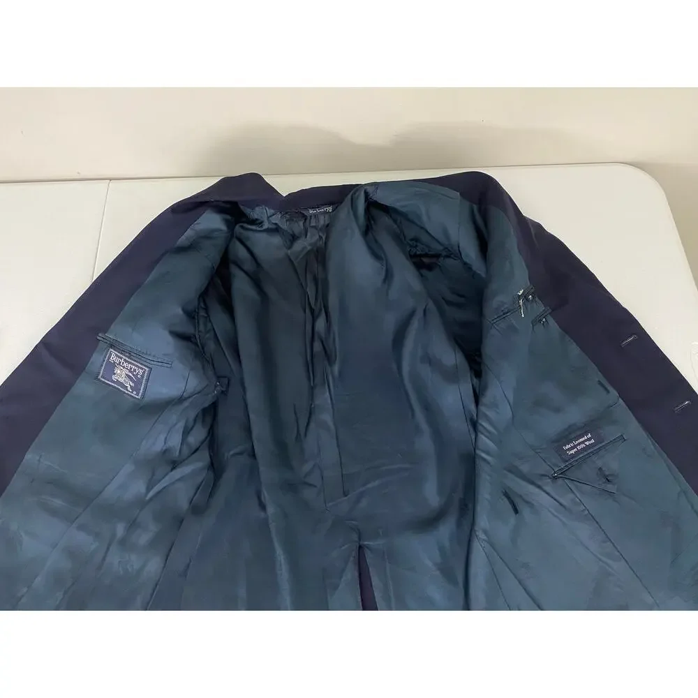 VTG Burberrys USA Union Made gold 2-button logo navy wool blazer, 43S